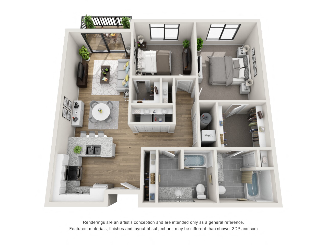 Floor plan for 2 beds, 2 baths, 1146 sqft